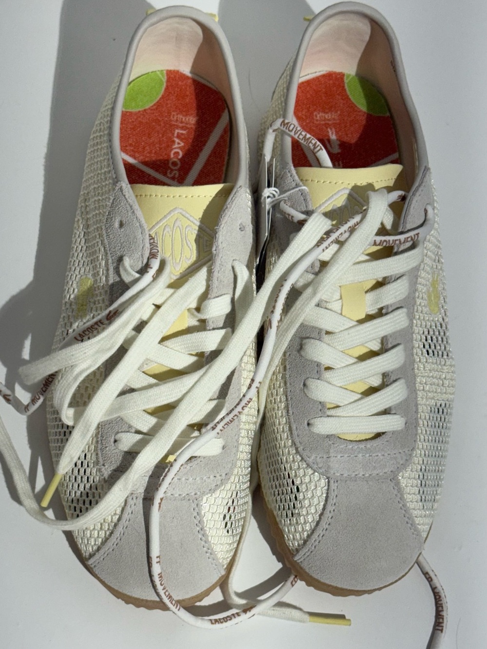 NWT FP Movement Lacoste Women’s Cream & Yellow Mesh Suede Club Low Sneakers - Picture 15 of 16